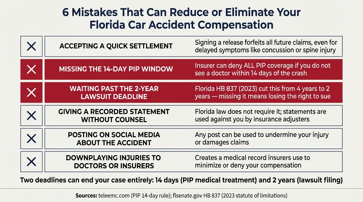 6 Mistakes That Can Reduce or Eliminate Your Florida Car Accident Compensation