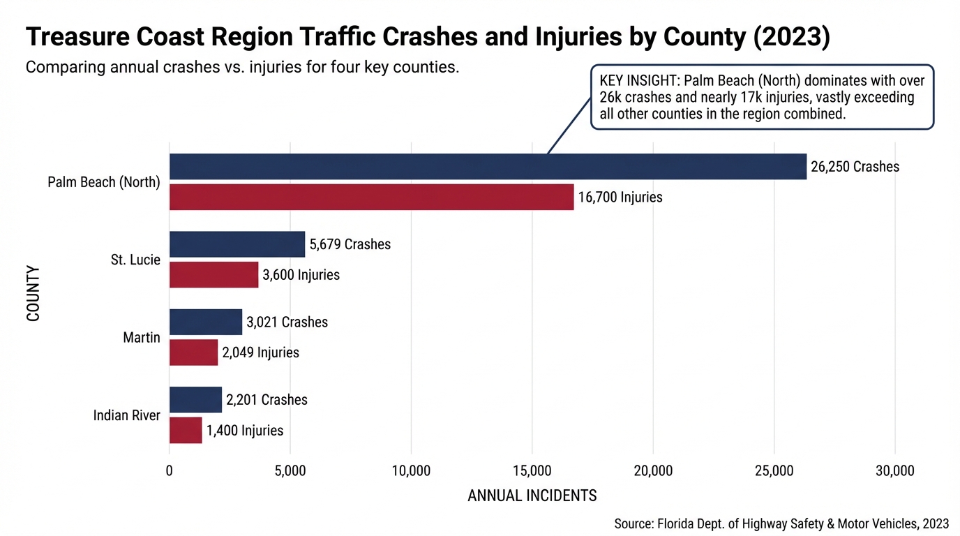 **Annual traffic crashes and injuries by county (Treasure Coast region, 2023):** *Martin County – 3,021 crashes, 2,049 injuries; St. Lucie County – 5,679 crashes, ~3,600 injuries; Indian River County – 2,201 crashes, ~1,400 injuries; Palm Beach (North) – 26,250 crashes, ~16,700 injuries.*