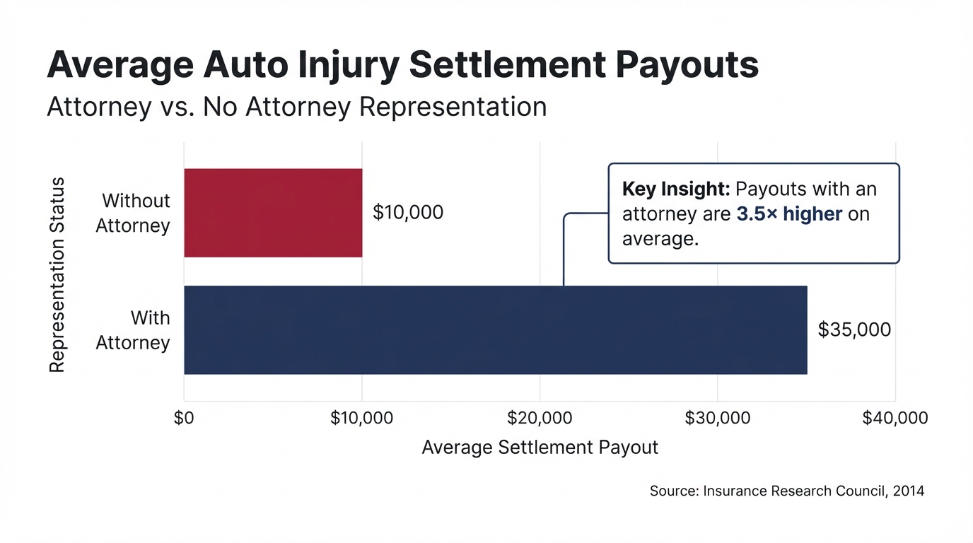 **Average Auto Injury Settlement Payouts – Attorney vs. No Attorney:** *Without Attorney – \$10,000 (baseline); With Attorney – \$35,000 (3.5× higher on average)*.