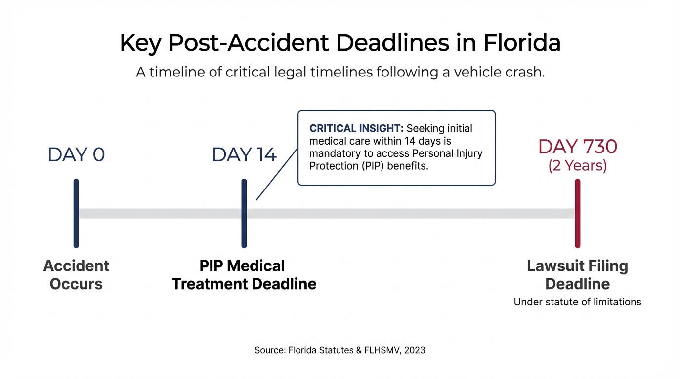 **Key Post-Accident Deadlines in Florida:** *Day 0 – Accident Occurs; Day 14 – Latest to seek initial medical treatment (PIP 14-day rule); Day 730 (~2 Years) – Lawsuit filing deadline under statute of limitations.*