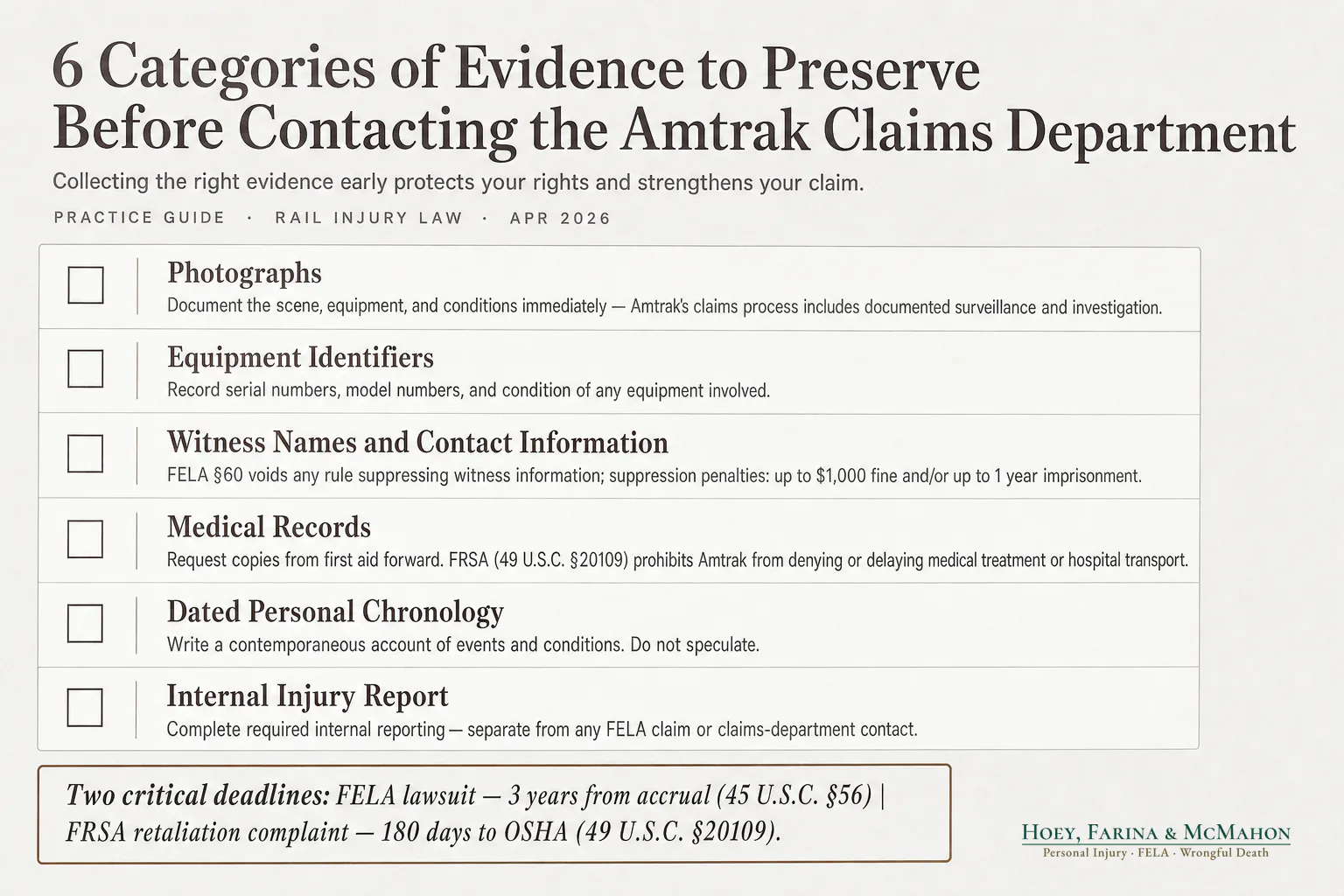 6 Categories of Evidence to Preserve Before Contacting the Amtrak Claims Department