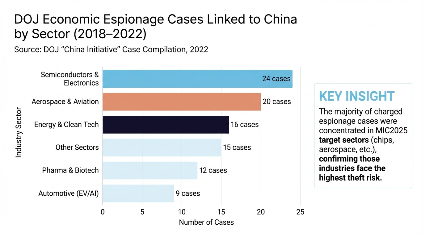 DOJ Economic Espionage Cases by Sector (2018–2022) – Chart of U.S. prosecutions linked to China, by industry: Semiconductors & Electronics – 24 cases; Aerospace & Aviation – 20 cases; Energy & Clean Tech – 16 cases; Pharma & Biotech – 12 cases; Automotive (EV/AI) – 9 cases; Others – 15 cases. Insight: The majority of charged espionage cases were concentrated in MIC2025 target sectors (chips, aerospace, etc.), confirming those industries face the highest theft risk.