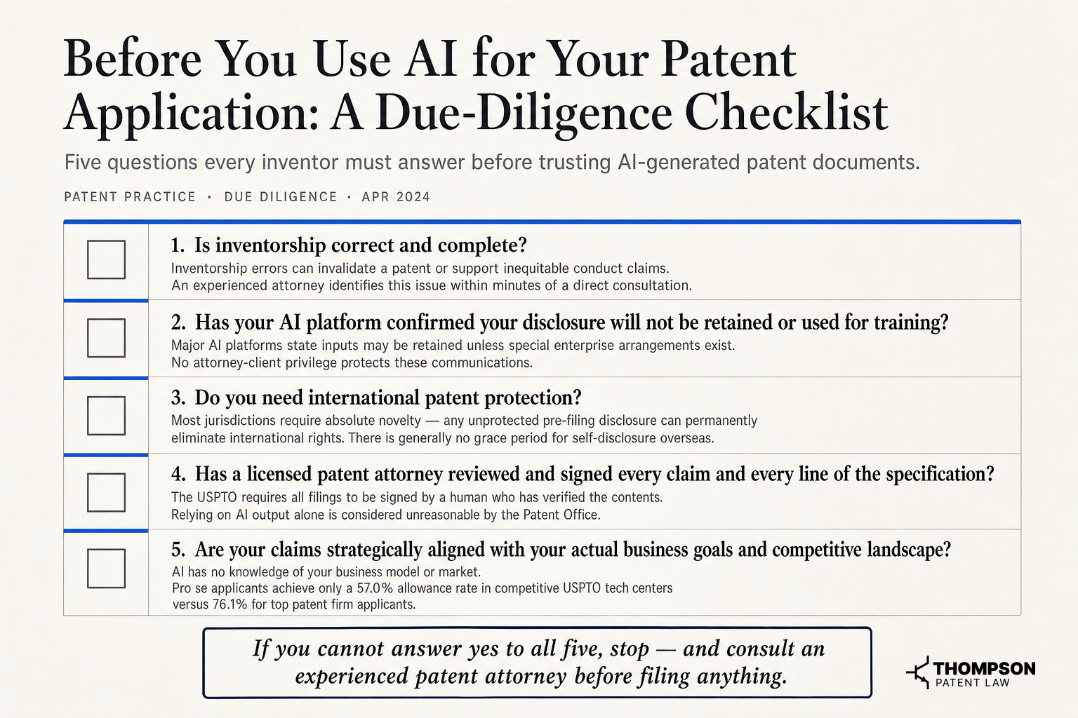 Before You Use AI for Your Patent Application: A Due-Diligence Checklist