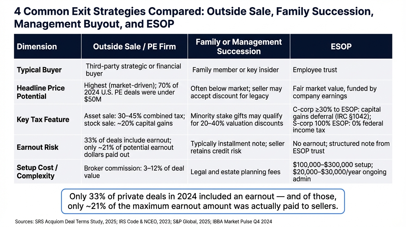 4 Common Exit Strategies Compared: Outside Sale, Family Succession, Management Buyout, and ESOP
