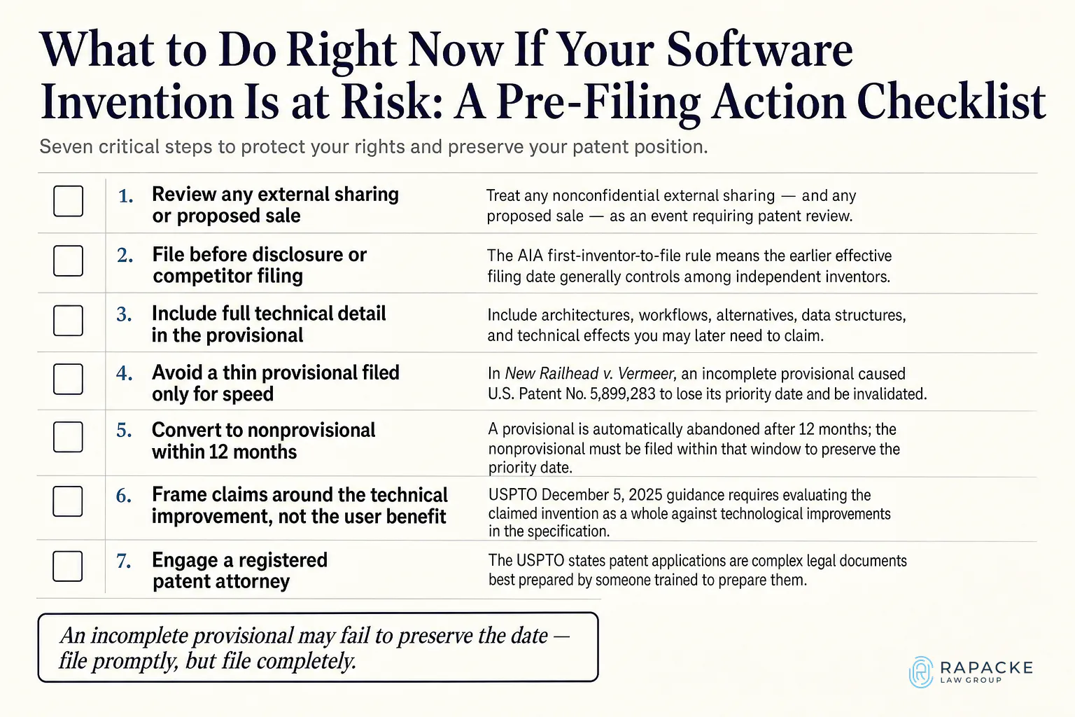 What to Do Right Now If Your Software Invention Is at Risk: A Pre-Filing Action Checklist