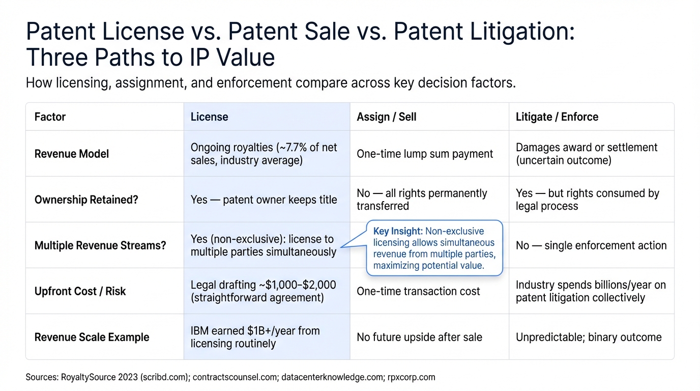 Patent License vs. Patent Sale vs. Patent Litigation: Three Paths to IP Value